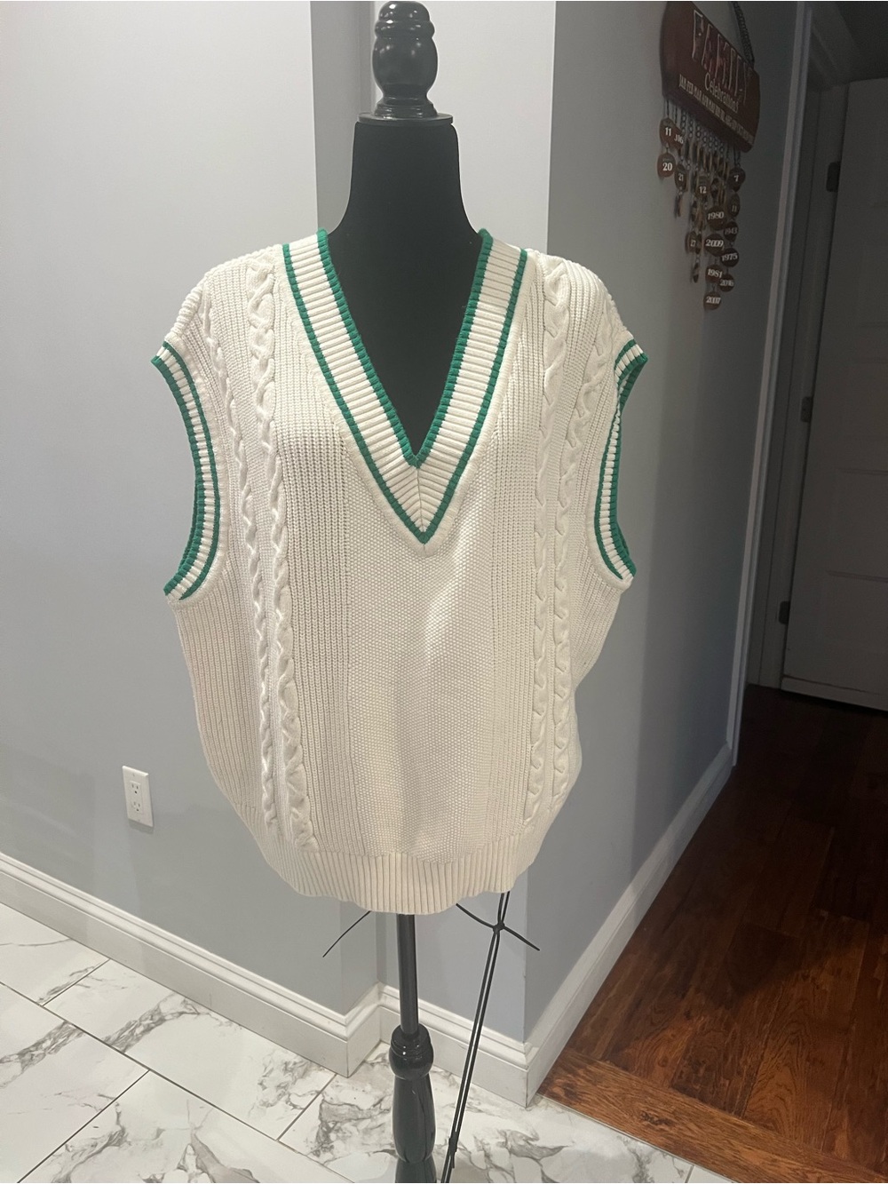 Talbots White Cable-Knit V-Neck Sweater Vest with Green Trim